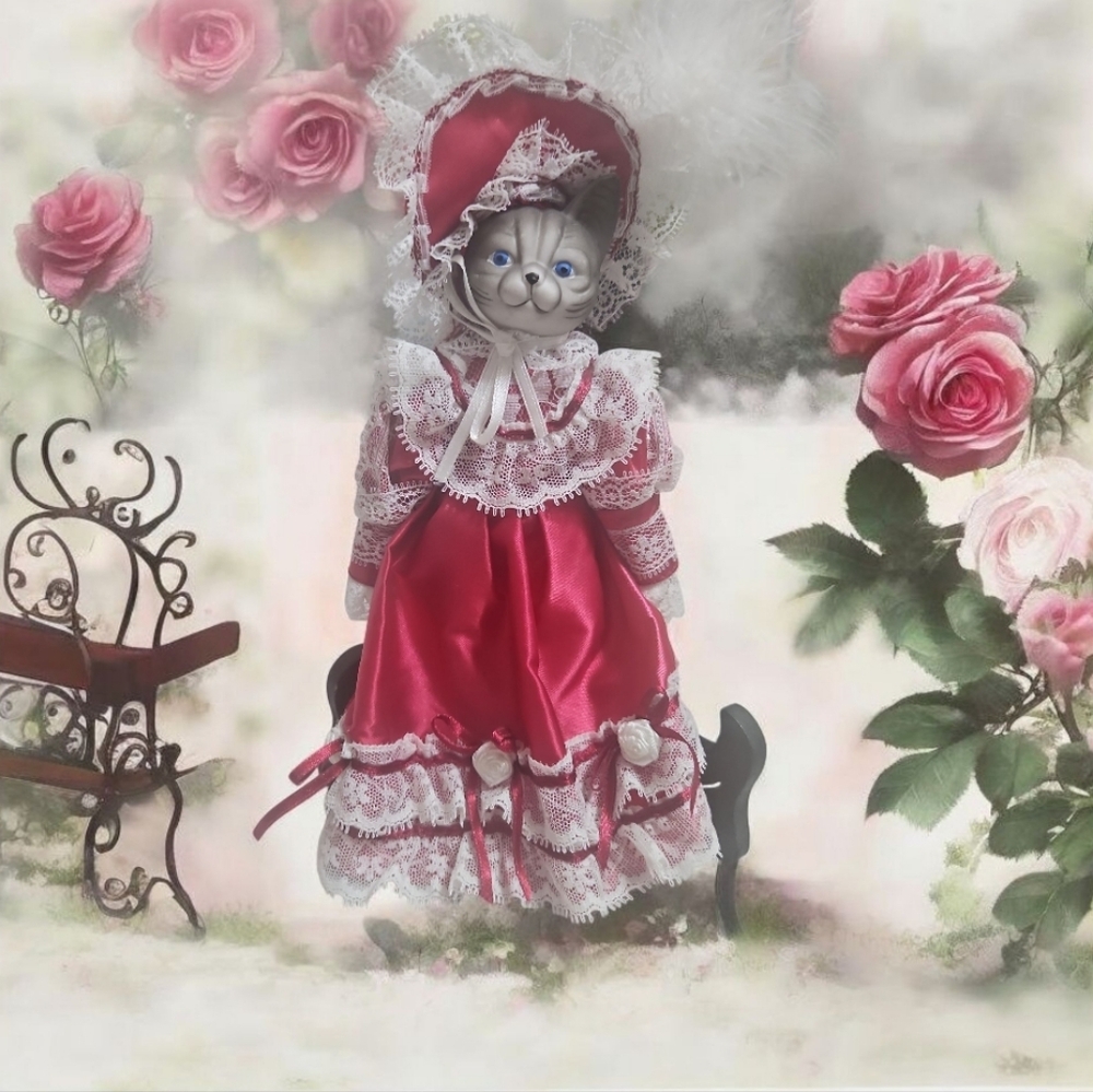 Victorian Style Cat Doll in Red Dress